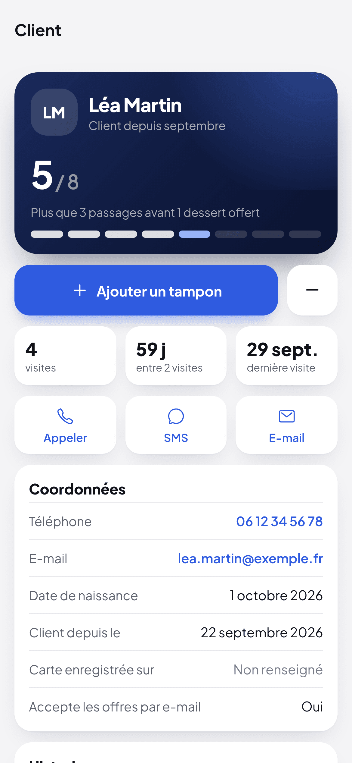 Fiche client dans l'application Wallio, avec le bouton Ajouter un tampon